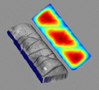 Fehlerhafte Schokoriegel können 
mit einem 3D-System einzeln detektiert und 
ausgeschleust werden; links: Höhenbild mit 
überlagerter Grauwertdarstellung, rechts: Falschfarbenbild. 