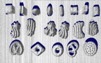 3D-Rohbilder von Produkten, die sich gut mit 3D-Sensoren prüfen lassen: Keksmischungen, Gummitiere und Brezeln.
